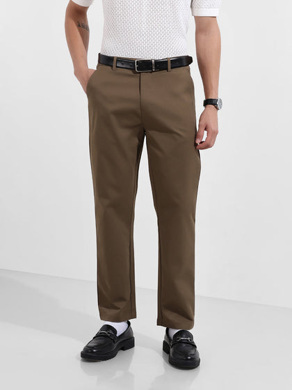 Men's Dark Khaki Regular Fit Solid Casual Trouser