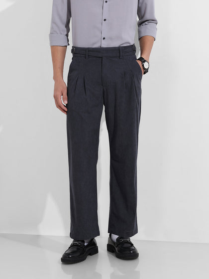 Men's Charcoal Relaxed Fit Textured Casual Trousers