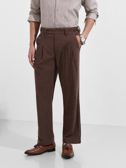 Men's Brown Relaxed Fit Textured Casual Trousers