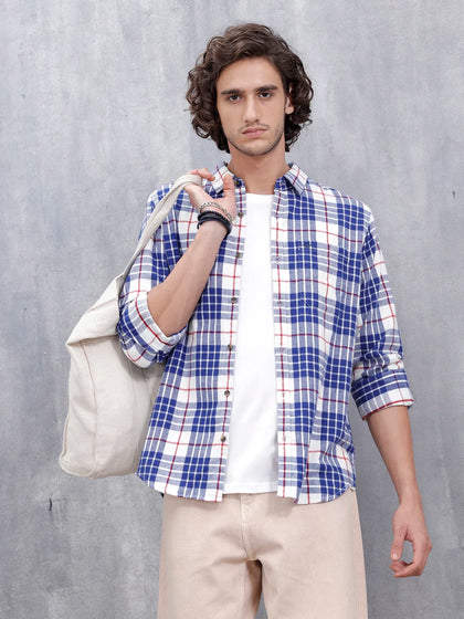 Men's Casual Checkered Pattern Regular Fit Shirt | Navy Blue