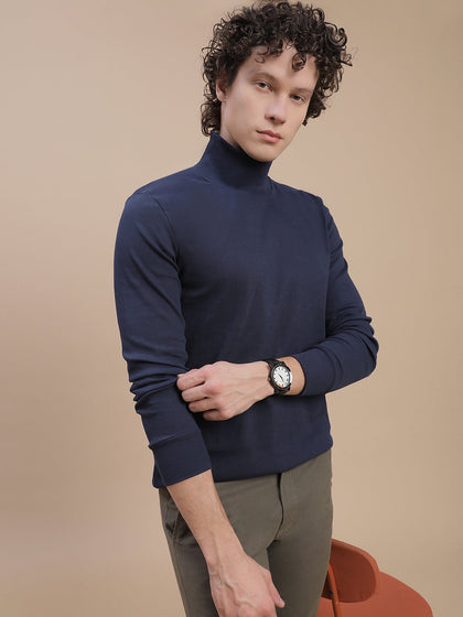 Men Navy Turtle Neck Long Sleeve Tees