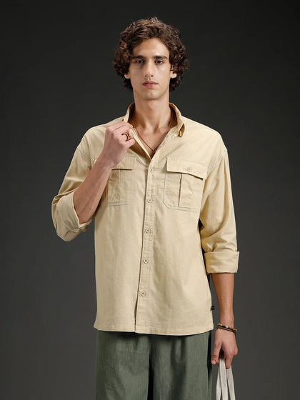 Men's casual oversized fit double pocket shirt | Khaki