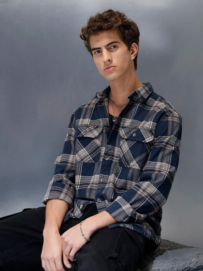 Men's casual checkered pattern regualr fit shacket | Navy Blue