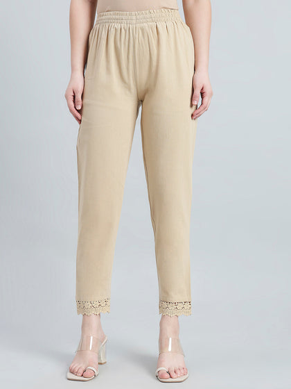 Light Beige 100% Cotton Lace Pencil Pant