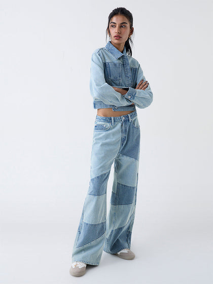 Nuon Blue Colour-Block High-Rise Cotton Jeans