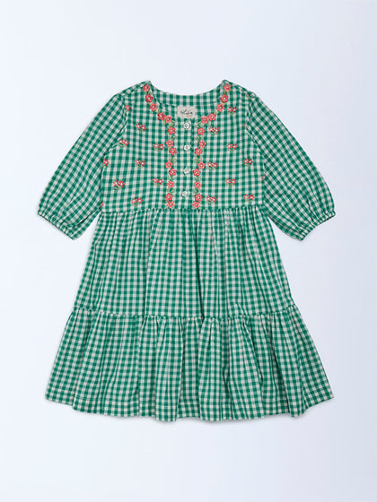 Utsa Kids Girls Green Gingham Checks Tiered Cotton Dress - (2-8 yrs)