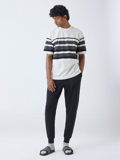 WES Lounge Black Waffle-Textured Relaxed-Fit Mid-Rise Cotton-Blend Joggers