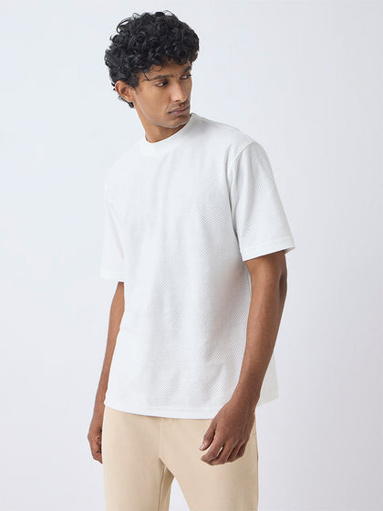 WES Lounge Off-White Self-Textured Relaxed-Fit Cotton-Blend T-Shirt
