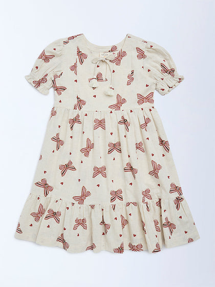 Utsa Kids Girls Off-White Bow-Printed A-Line Cotton-Blend Dress - (8-14 yrs)
