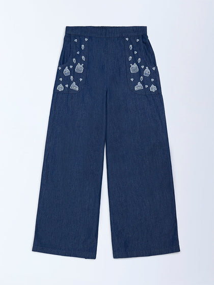 Utsa Kids Girls Navy Embroidered Denim Pants - (8-14 yrs)