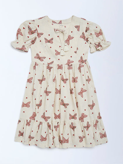 Utsa Kids Girls Off-White Bow-Printed A-Line Cotton-Blend Dress - (2-8 yrs)