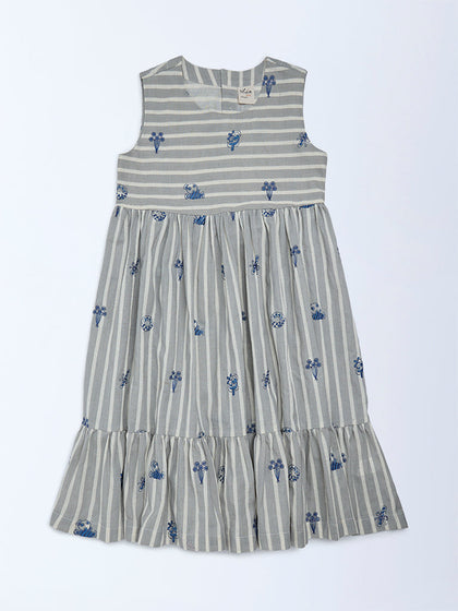 Utsa Kids Girls Grey Striped Cotton-Blend Tiered Dress - (8-14 yrs)