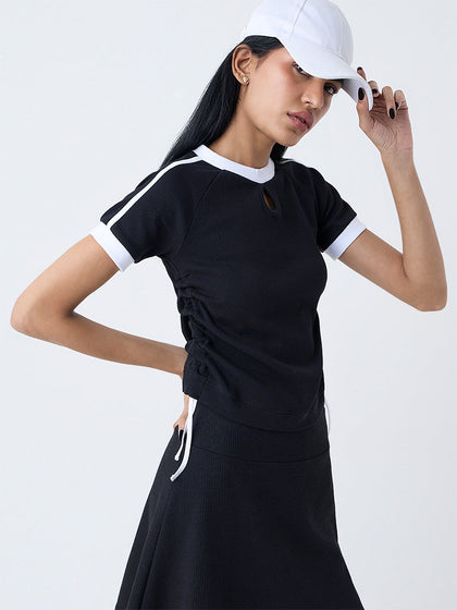 Studiofit Black Typographic Knit-Textured Top