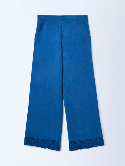 Utsa Kids Girls Indigo Lace Detailed Cotton-Blend Pants - (8-14 yrs)