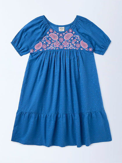 Utsa Kids Girls Indigo Floral Embroidered Tiered Cotton-Blend Dress - (8-14 yrs)