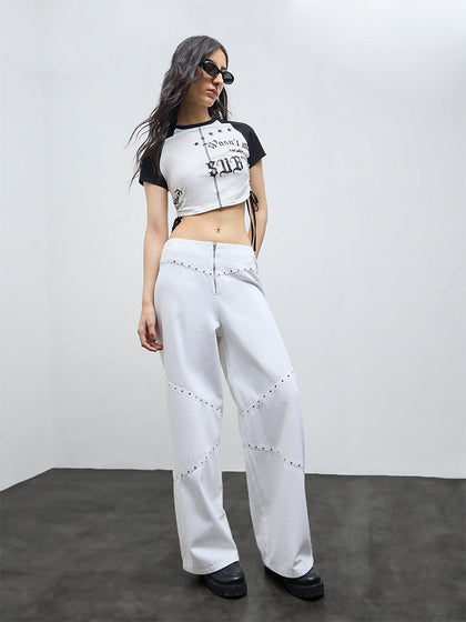 Nuon White Stud-Detailed Flared High-Rise Jeans