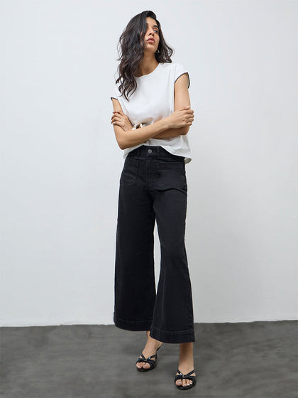 LOV Black Solid High-Rise Flared Jeans