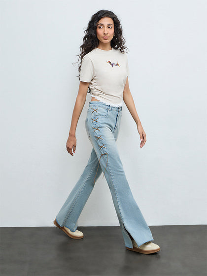 Nuon Light Blue Criss-Cross Bootcut High-Rise Jeans