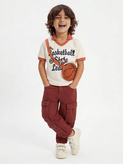 HOP Kids Boys Off-White Basketball-Themed Cotton T-Shirt