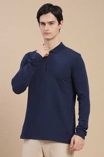 Men Navy Bonded Zipper Polo T-Shirt