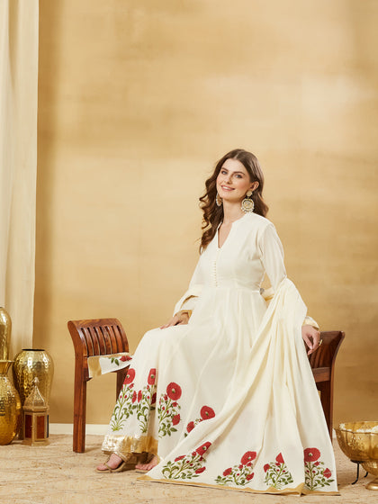 Divena Offwhite Handblock Red Flower Print Anakali Kurta Set
