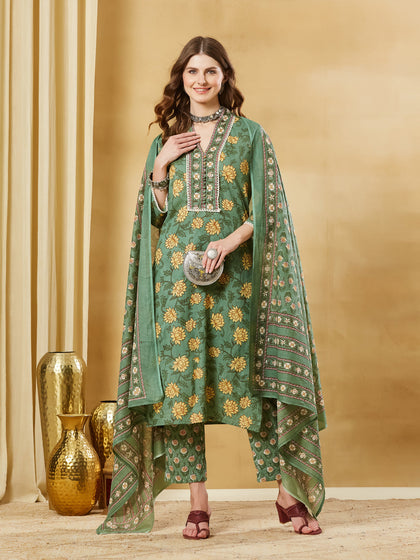 Divena Green A-Line Cotton Kurta Pant Set With Dupatta