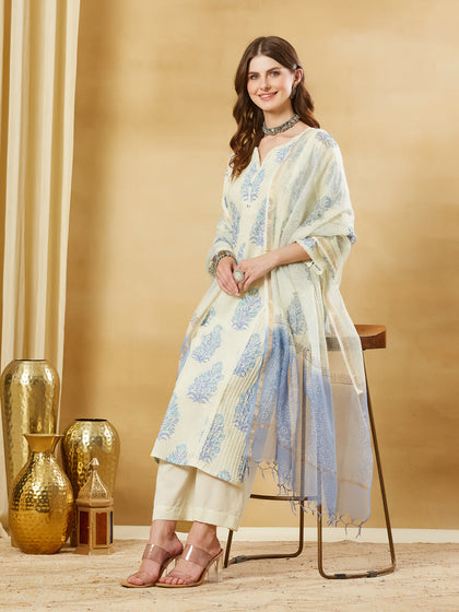 Divena Blue Cotton Zari work Kurta Pant Set With Dupatta