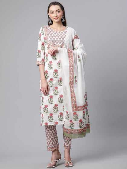 Divena White Floral Kurta pant set with Mulmul Dupatta