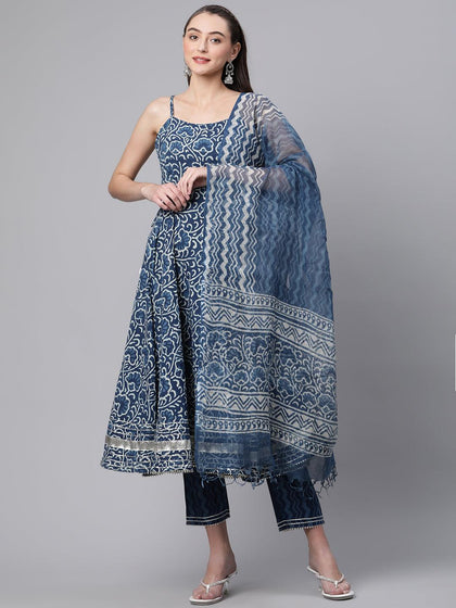 Divena Indigo Hand Block Printed Anarkali Kurta Pant Set with Dupatta