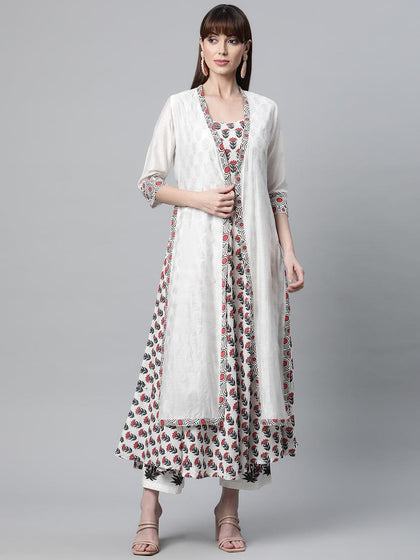 Divena White Floral Kurta Pant Set with Chanderi Shurg