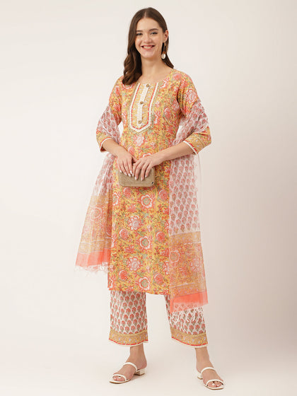 Divena Yellow Hand Block Floral Print Cotton Kurta, Trouser With Dupatta