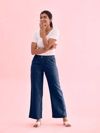 Blue Denim Linen Cargo Pants