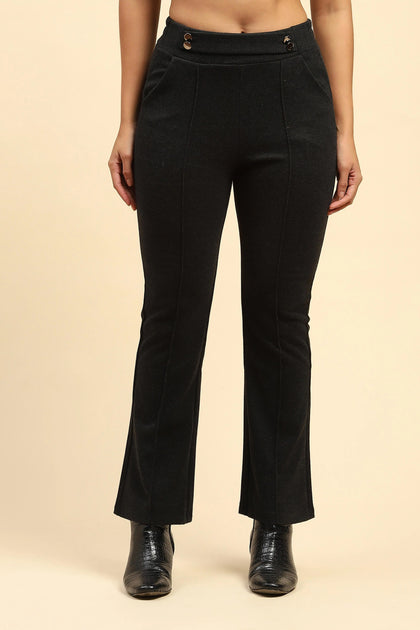 Black Solid Viscose Winter Trouser