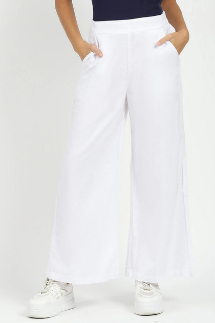 White Solid Cotton Blend Trousers