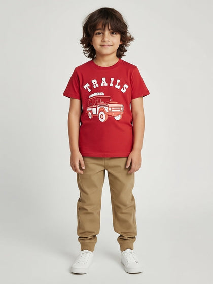 HOP Kids Boys Red Embossed Cotton T-Shirt