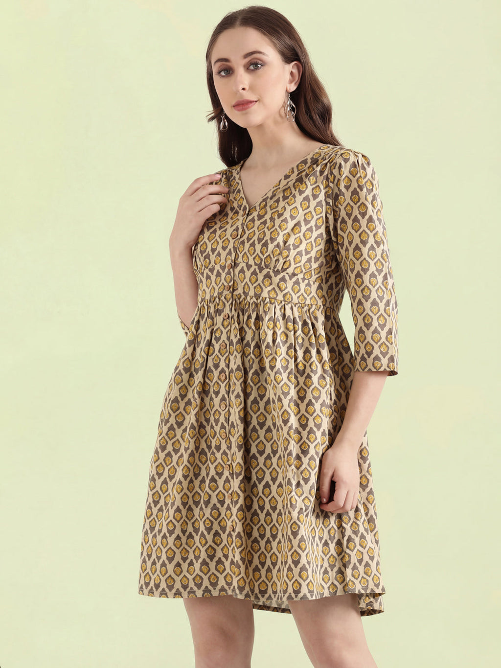 Cotton Ikat Buti Block Print Short Dress