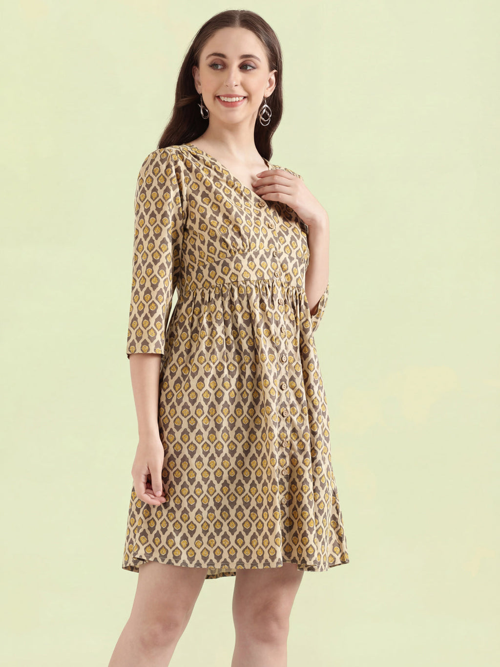 Cotton Ikat Buti Block Print Short Dress