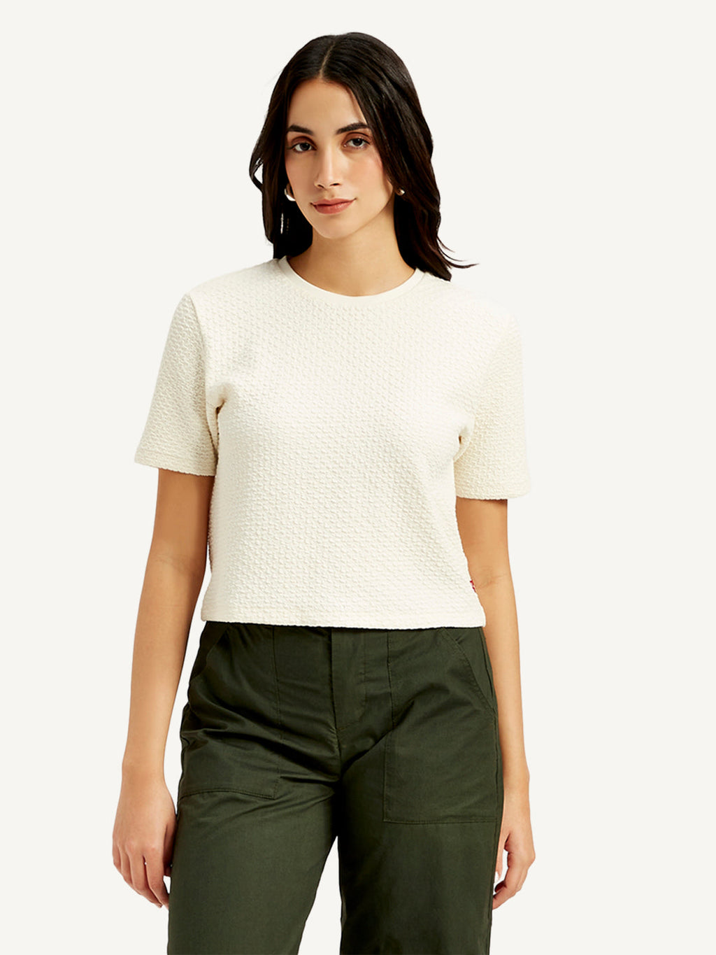 Women's Textured White Crew Neck Top