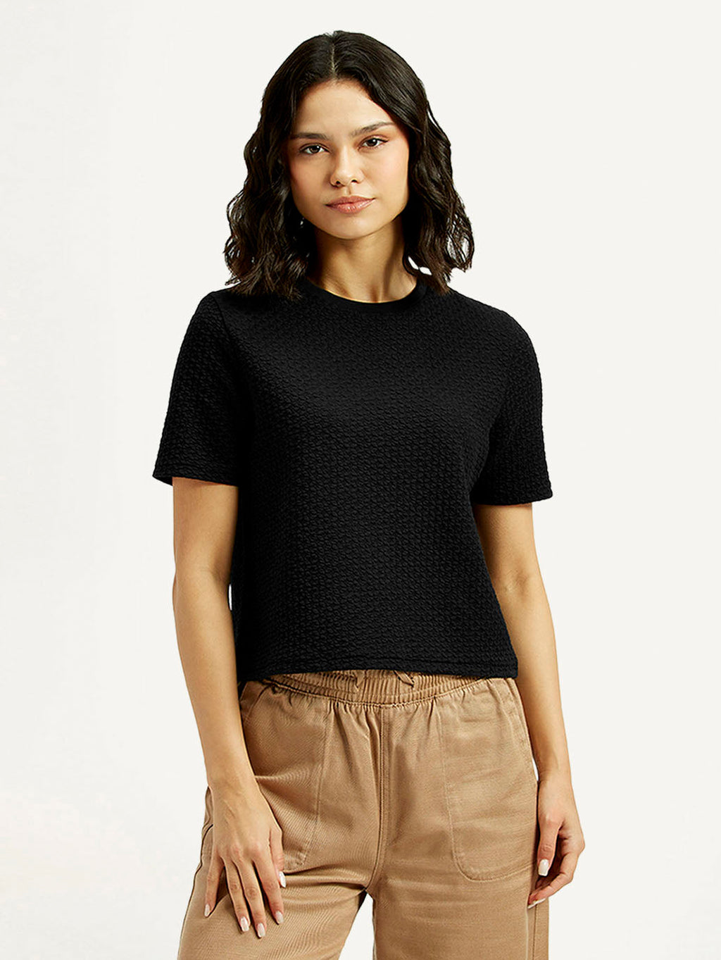 Women's Textured Black Crew Neck Top