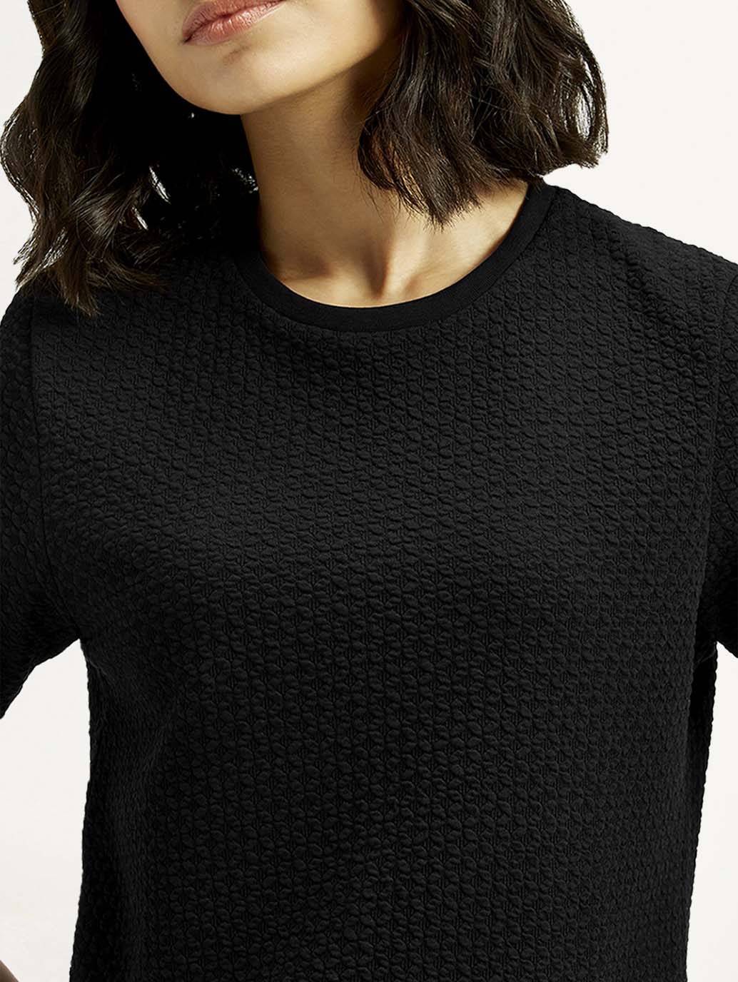 Women's Textured Black Crew Neck Top
