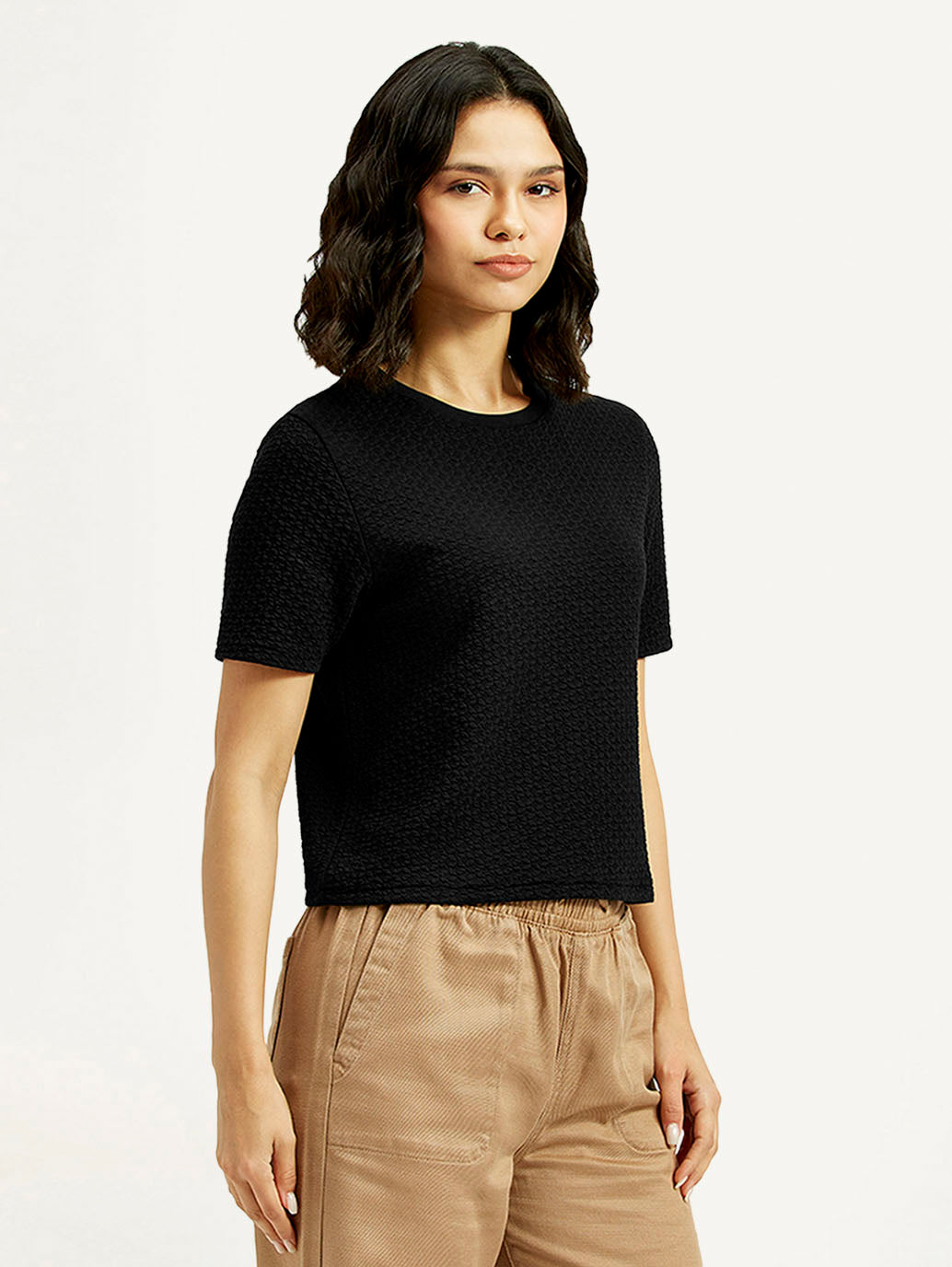 Women's Textured Black Crew Neck Top