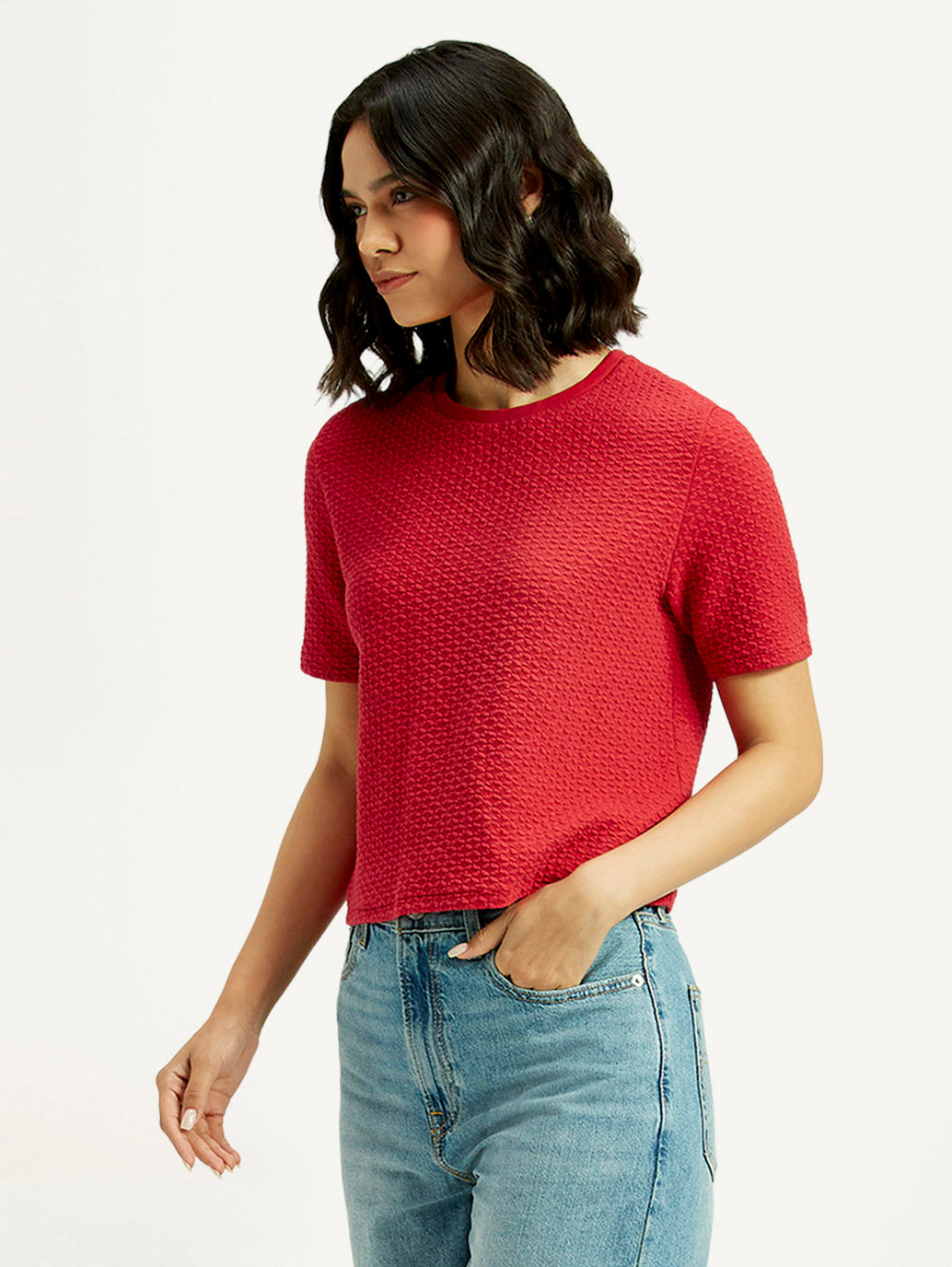 Women's Textured Red Crew Neck Top