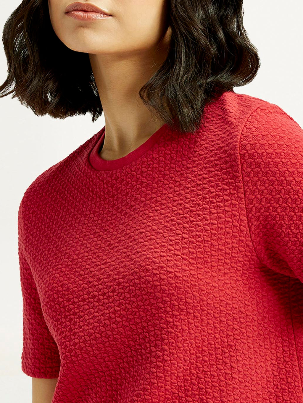 Women's Textured Red Crew Neck Top