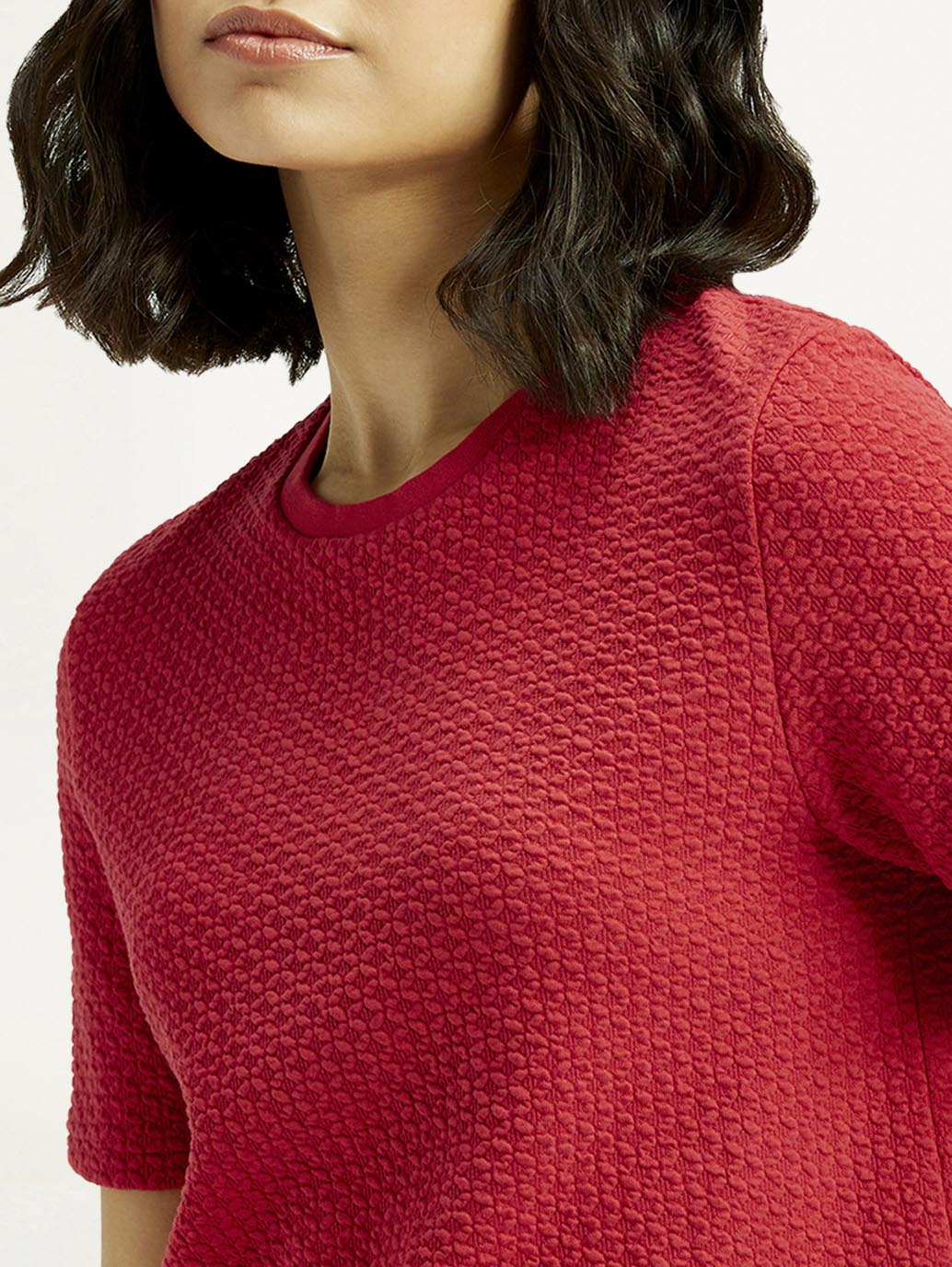 Women's Textured Red Crew Neck Top