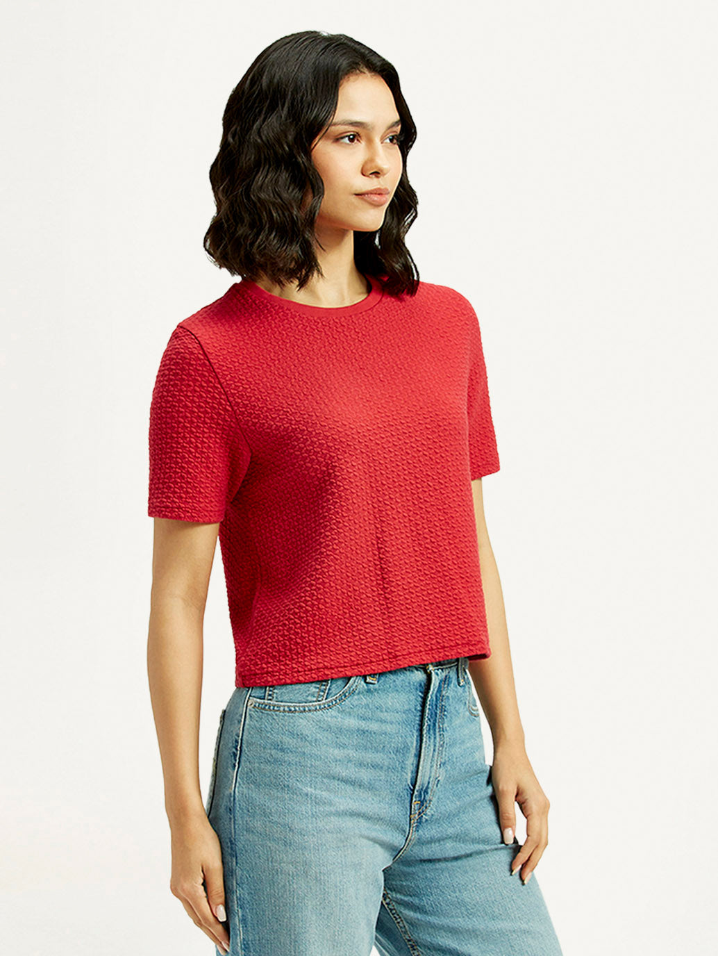 Women's Textured Red Crew Neck Top