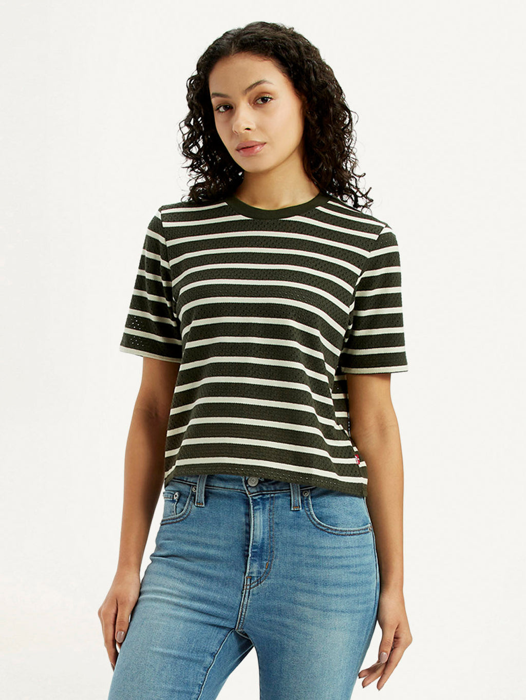Women's Striped Olive Crew Neck T-shirt