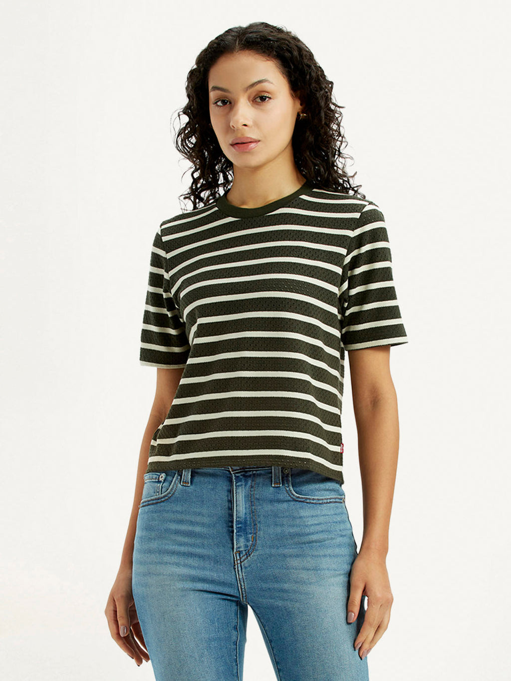 Women's Striped Olive Crew Neck T-shirt