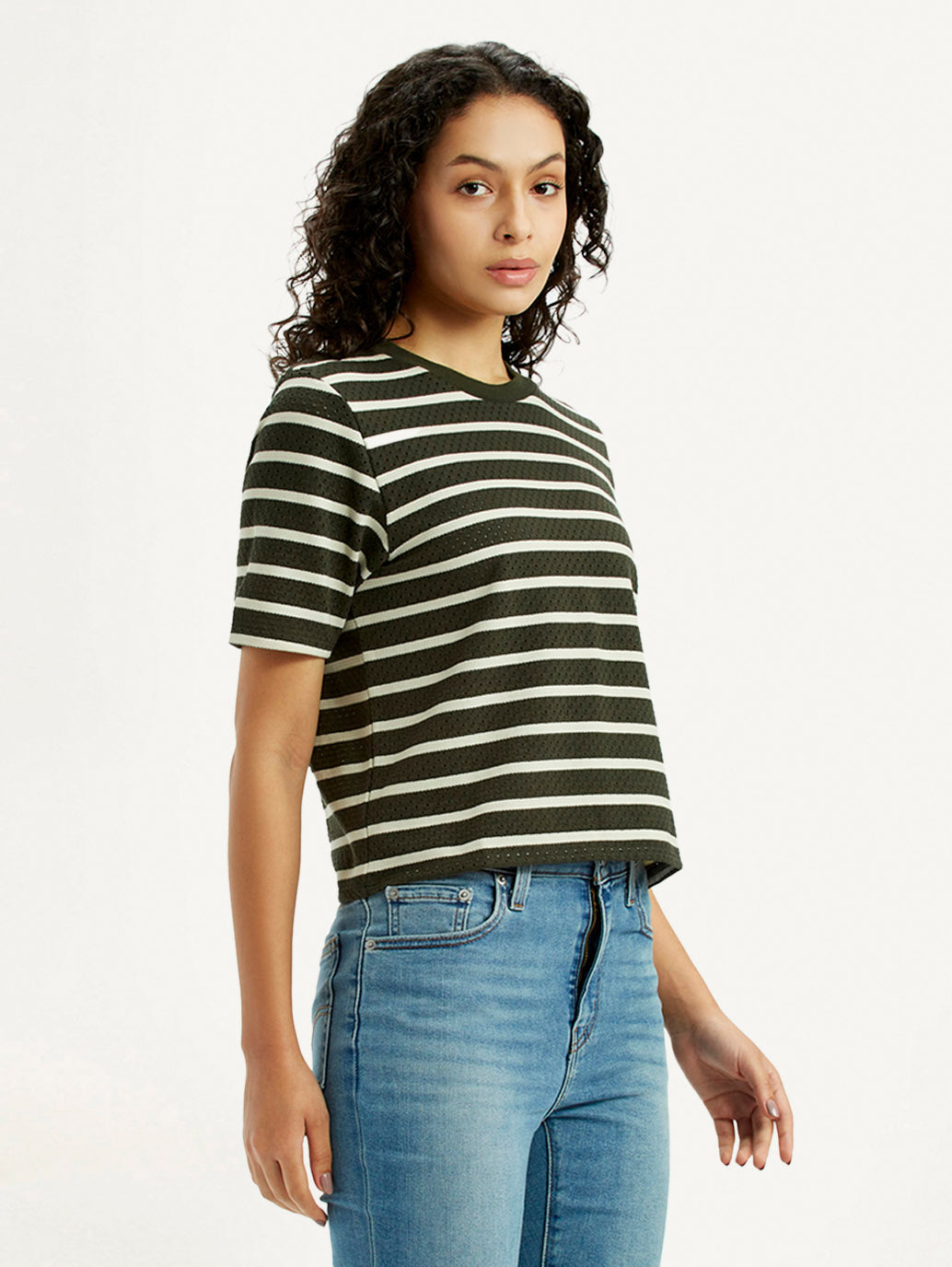 Women's Striped Olive Crew Neck T-shirt