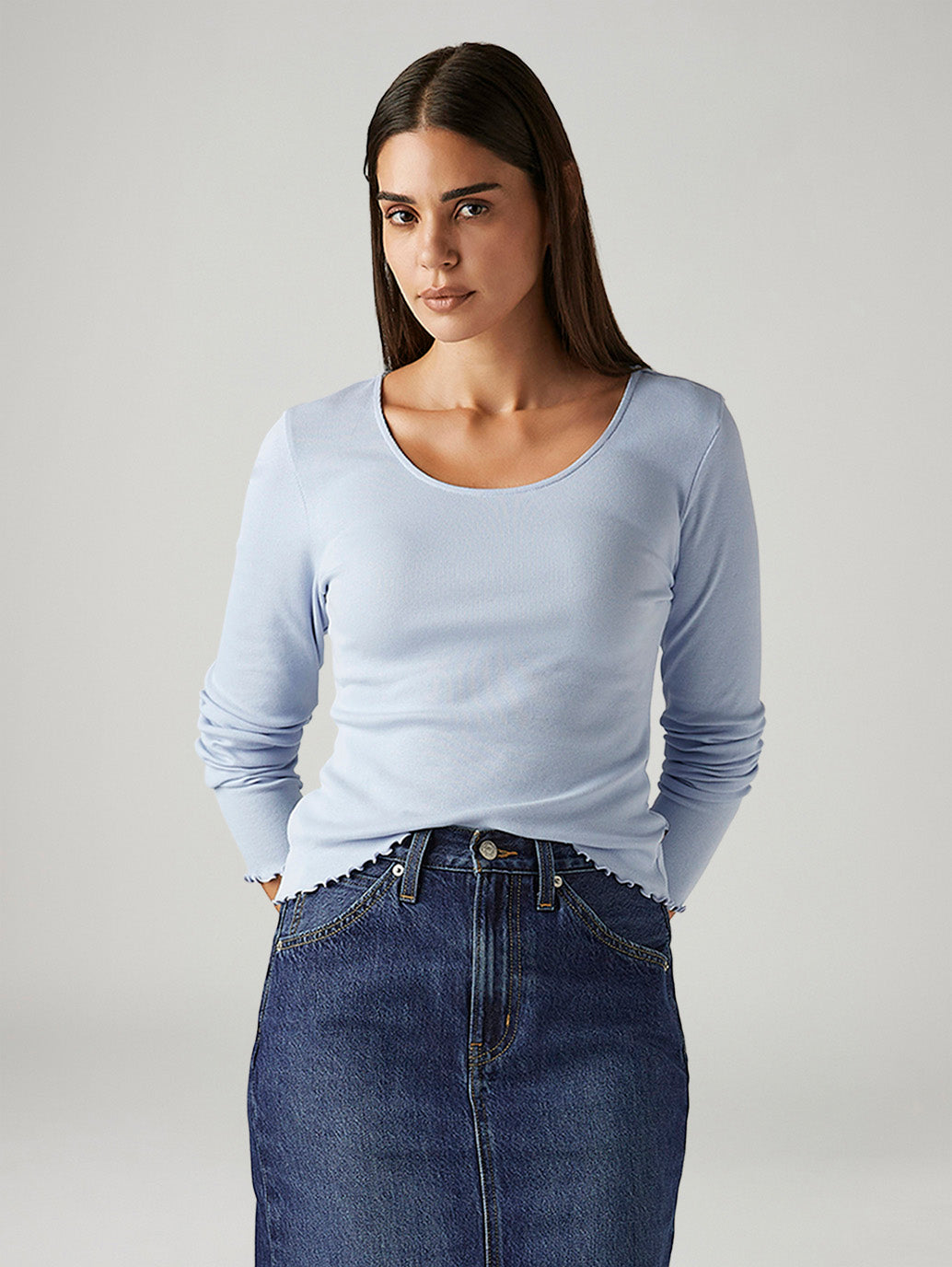 Women's Solid Light Blue Slim Fit Ribbed Top