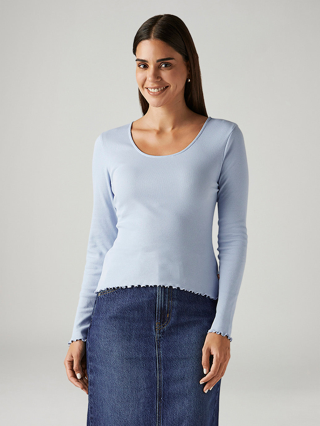 Women's Solid Light Blue Slim Fit Ribbed Top